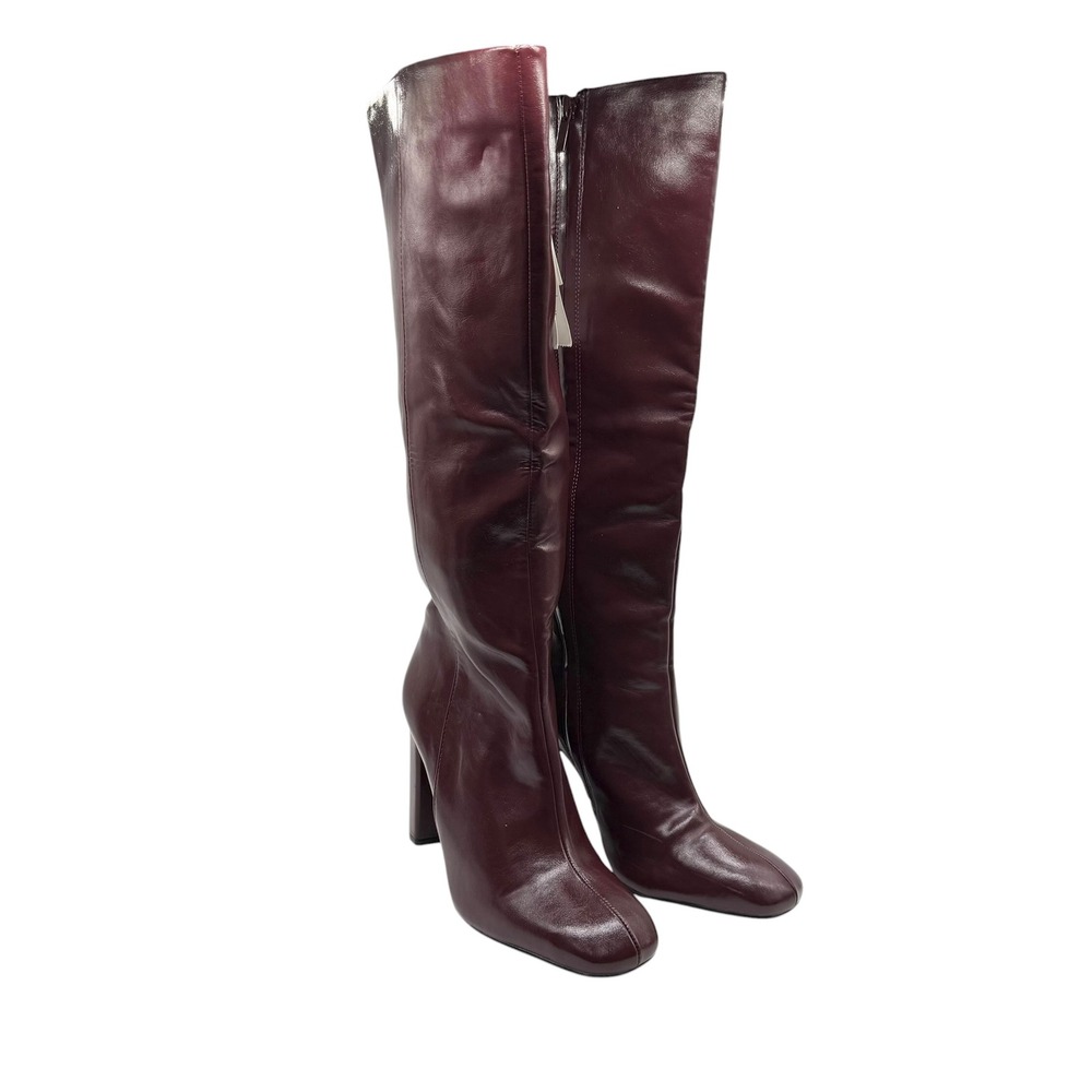 Zara Burgundy Tall Block Heel Boots Square Toe Knee High Wine Red 3010/610/624 - Picture 4 of 10